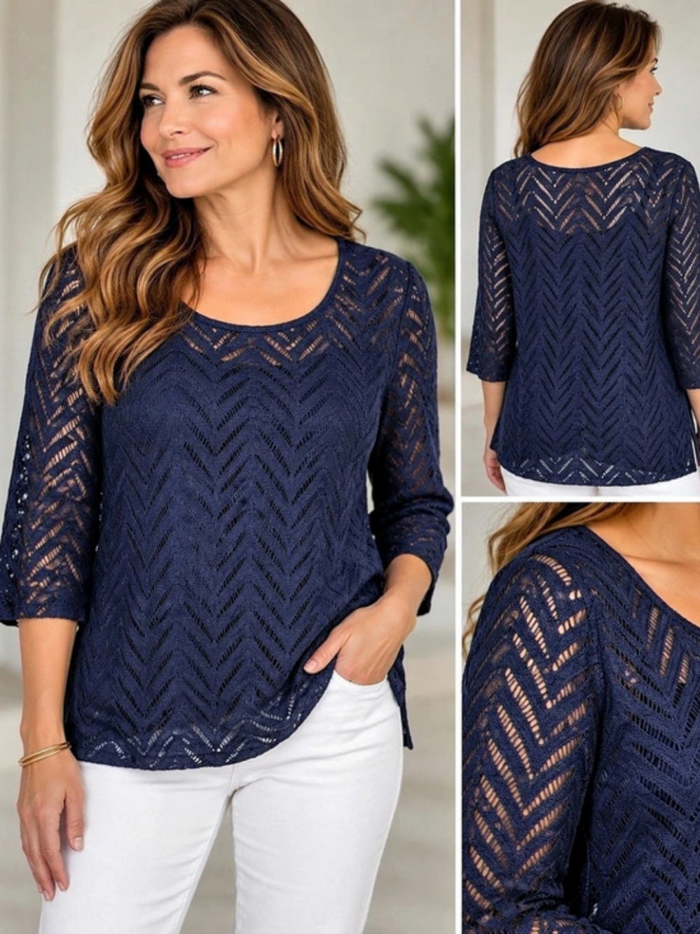 Chico’s Navy Blue Chevron Open Knit 3/4 Sleeve Top